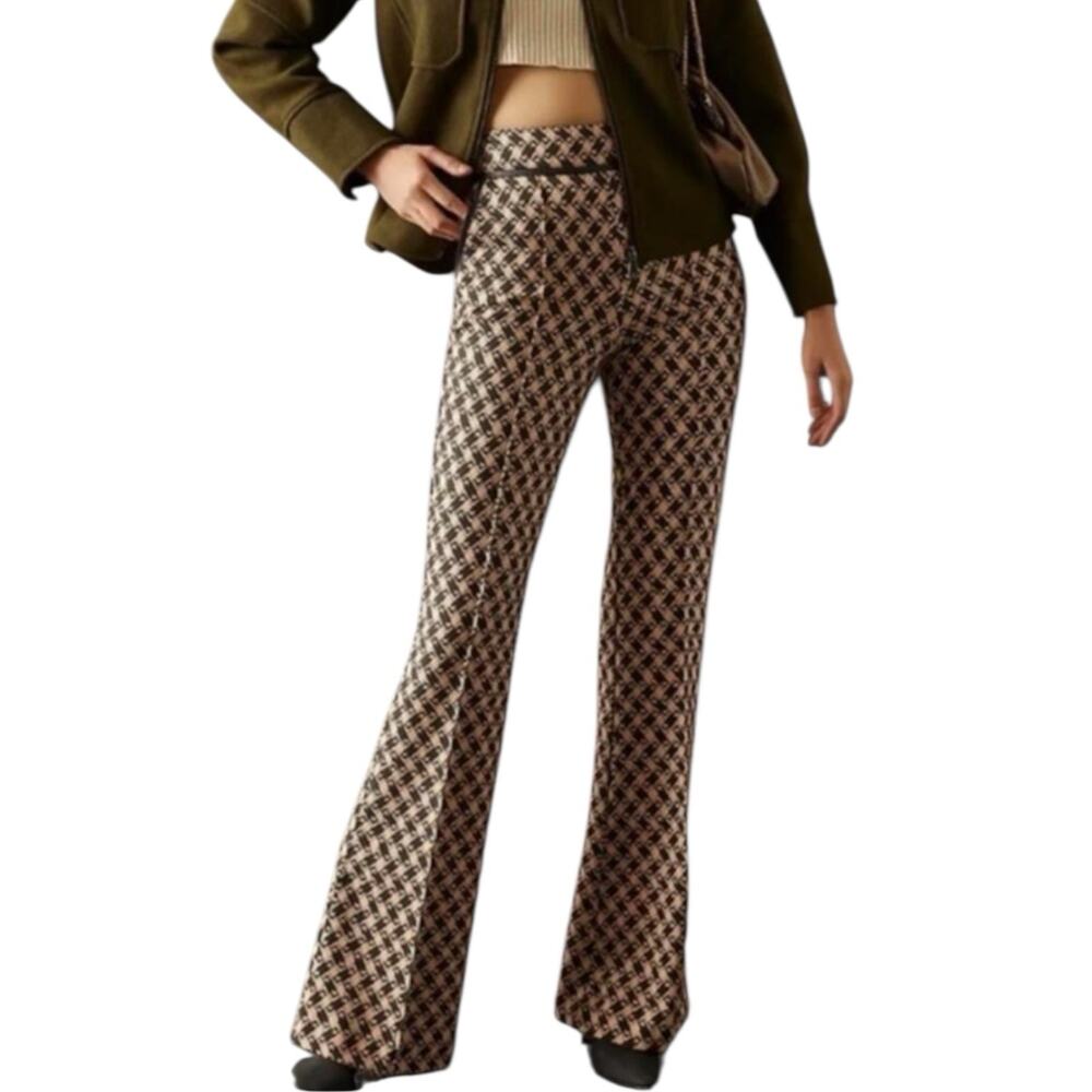 Anthropologie Maeve High Rise Flare Geometric Beige Black Ponte Knit Pants Sz 0
